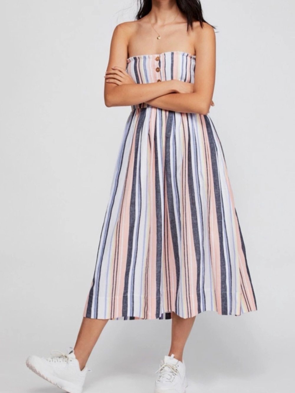 Free People Lilah Pleated Tube Dress Striped Cotton Pockets SZ S